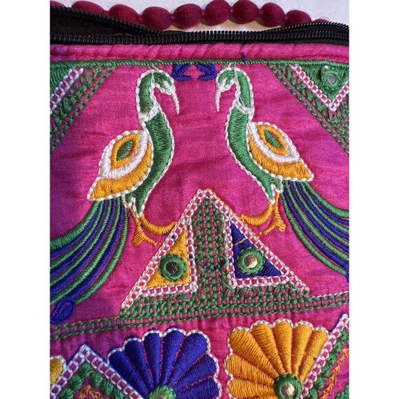 Handmade Embroidered Boho Crossbody Bag With Peacock Design & Multicolor Strap - Picture 4 of 16